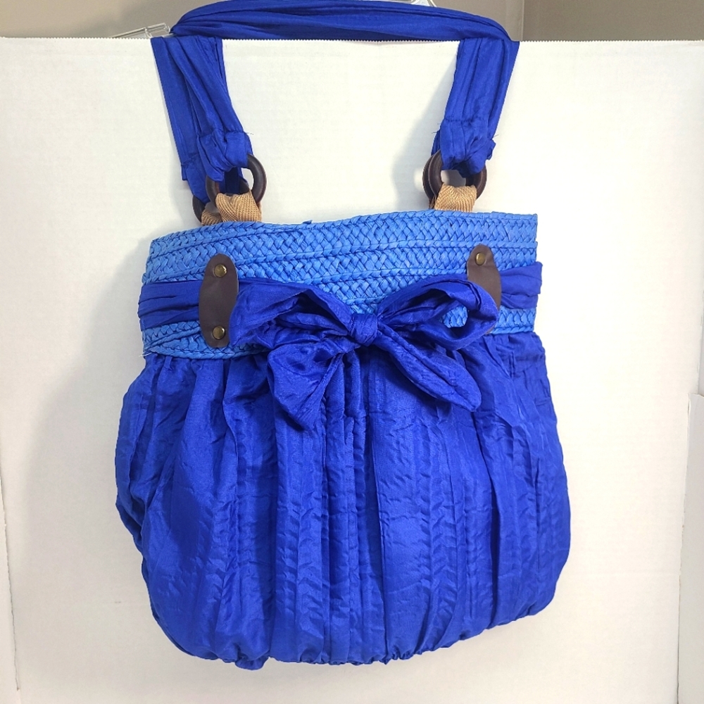 Over The Shoulder Lightweight Pocketbook, Fabric, Wood,Bow, Zipper, Plea…